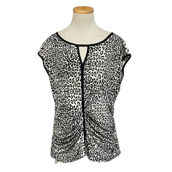 Vince Camuto Blouse Women's X Large Cream Black Short Sleeve Synched Cheetah - Picture 1 of 14